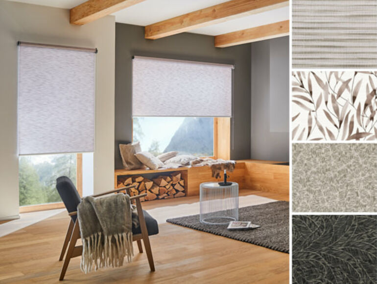 Alpines Wohnzimmer mit braunem Rollo